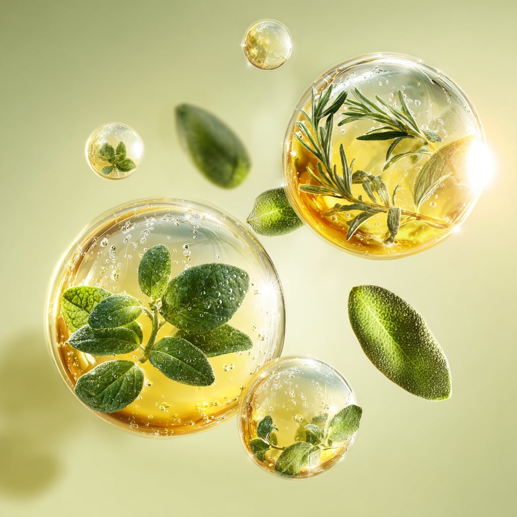 Close-up of green herbs and leaves suspended inside glowing translucent bubbles on a light green background.