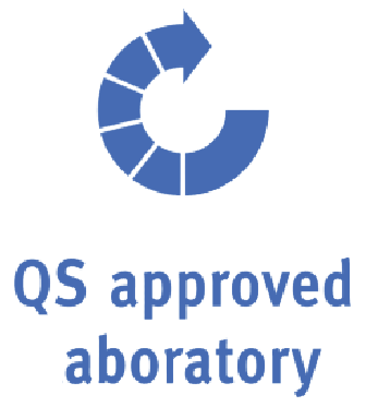 QS-approved laboratory blue logo featuring a circular arrow above the text.