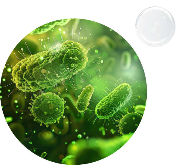 Close-up digital illustration of green bacteria and microorganisms floating in a translucent environment.