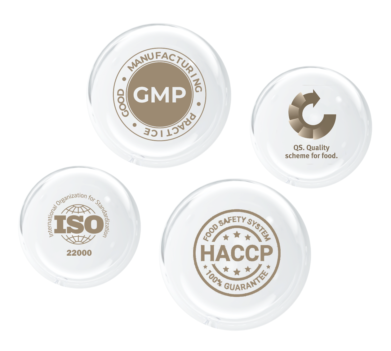 Four certification logos inside transparent bubbles: GMP (Good Manufacturing Practice), QS Quality scheme for food, ISO 22000 International Organization for Standardization, and HACCP Food Safety System with 100% Guarantee.