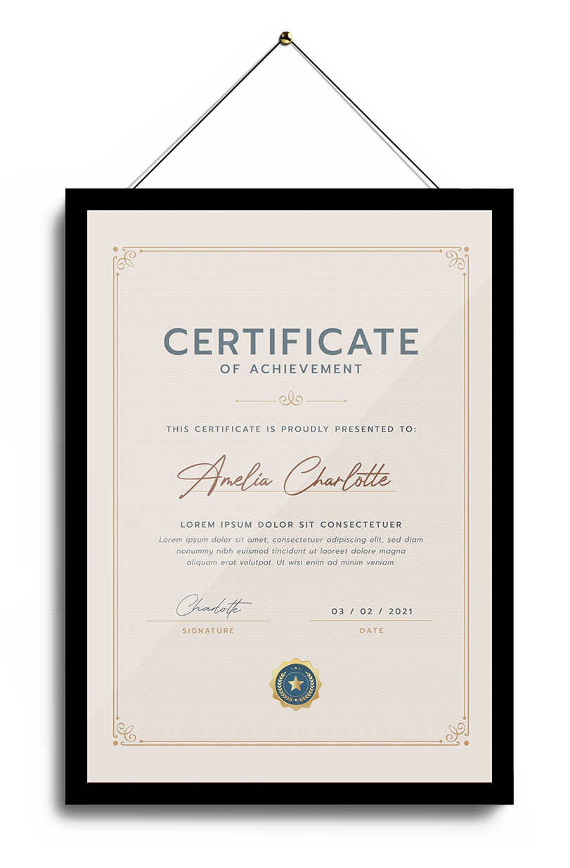 Framed certificate of achievement presented to Amelia Charlotte, dated 03/02/2021, with signature and decorative border.