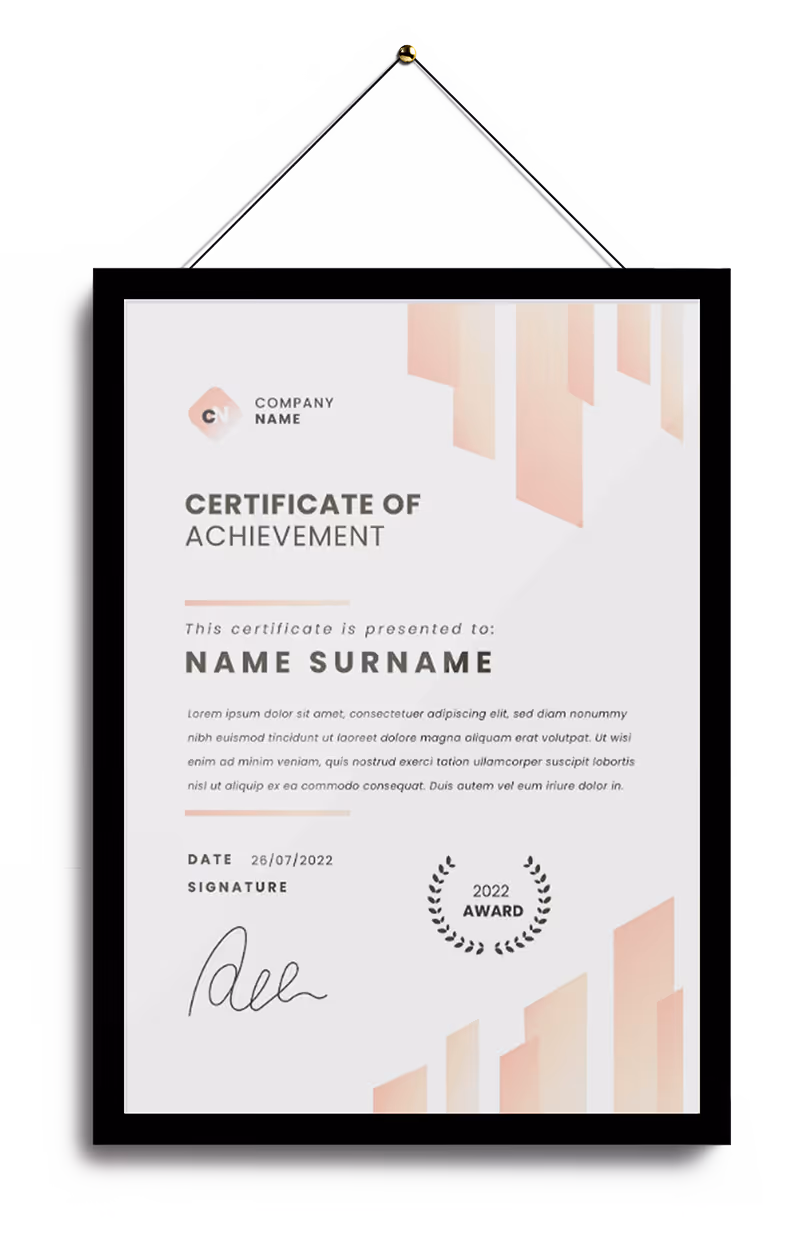 Framed certificate of achievement hanging on a wall with a gold pin, featuring company logo, recipient name placeholder, date, signature, and a 2022 award emblem.