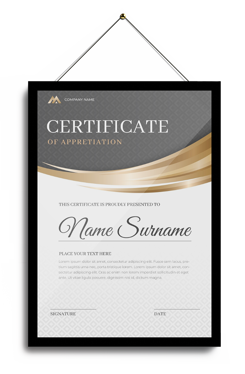 Elegant certificate of appreciation with gold and gray design, space for recipient's name, text, signature, and date.