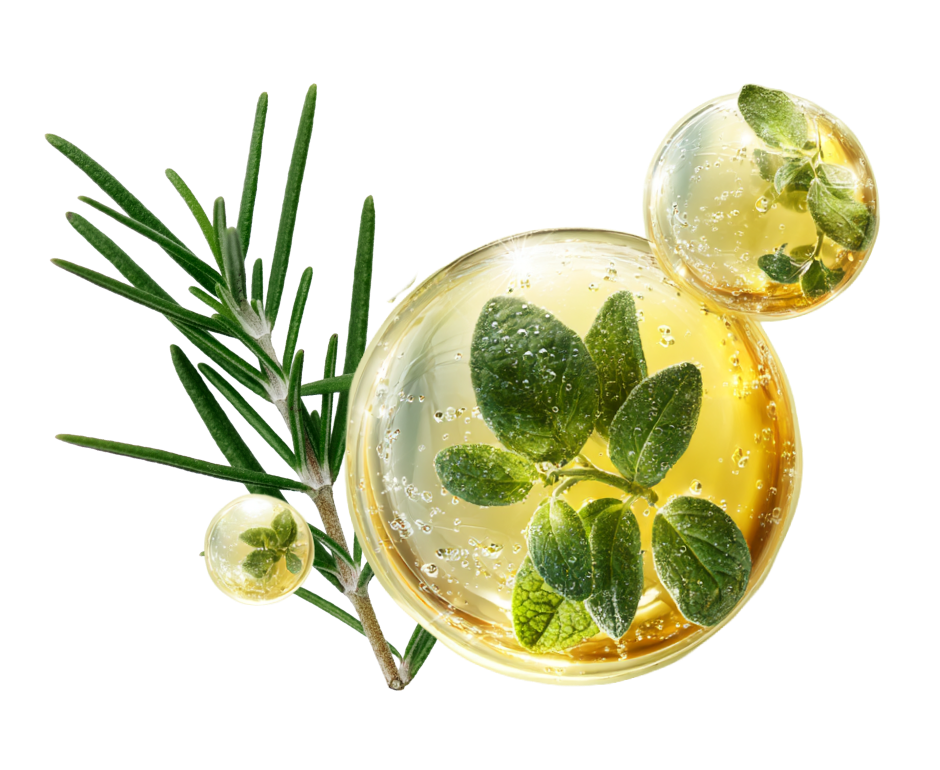 Green herb leaves inside translucent golden bubbles with a sprig of rosemary.