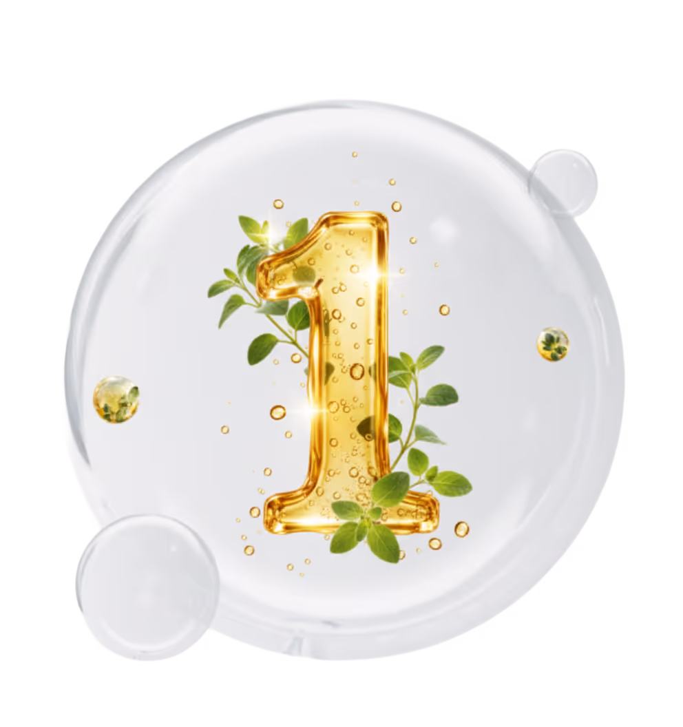 Golden number 1 surrounded by green leaves and bubbles inside a transparent sphere.