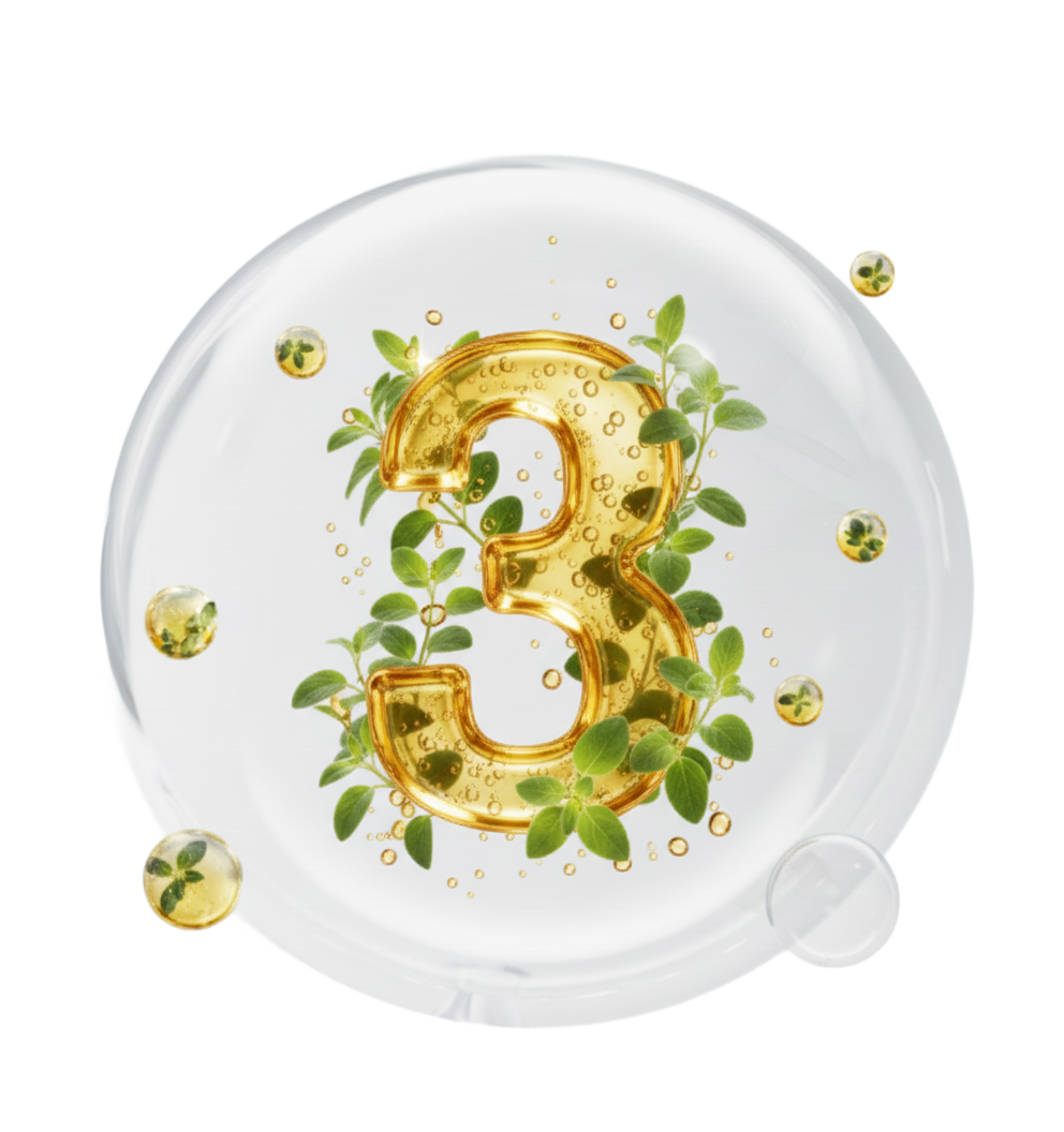 Transparent bubble containing a golden number 3 with green leaves and smaller bubbles inside.