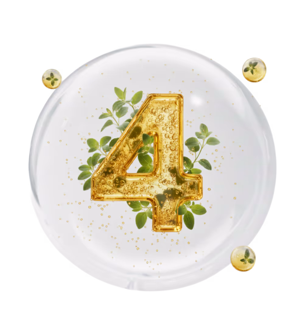 Golden number four encased in a transparent bubble with green leaves and small golden bubbles inside.