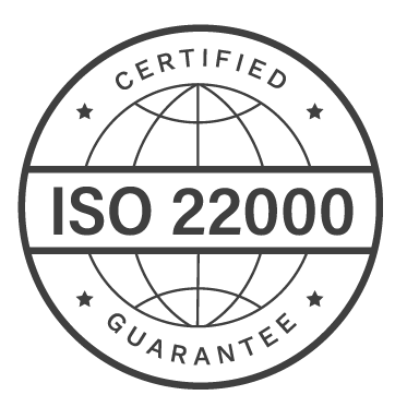 ISO 22000 certified guarantee badge with a globe icon and stars in a circular design.