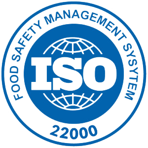 ISO 22000 Food Safety Management System logo with a globe design and text in blue and white.