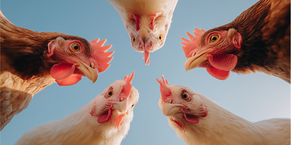 Five chickens looking downwards against a clear blue sky.