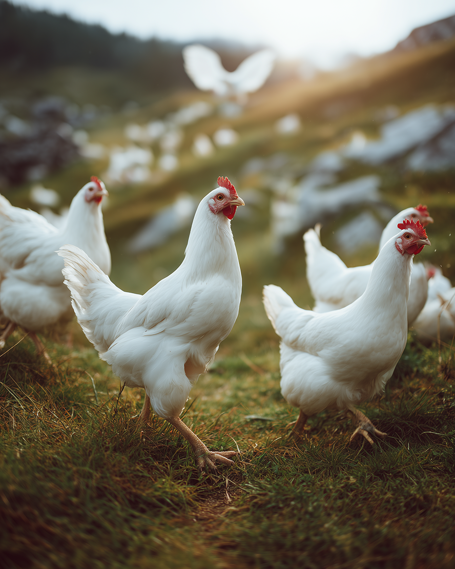 Group of white chickens roaming on green grass with a blurred hilly background.