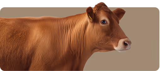 Side view of a brown cow with a yellow ear tag against a plain background.
