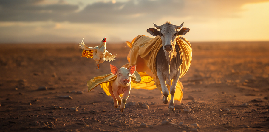 A cow, pig, and chicken running on a dirt plain at sunset, each draped in flowing golden fabric.
