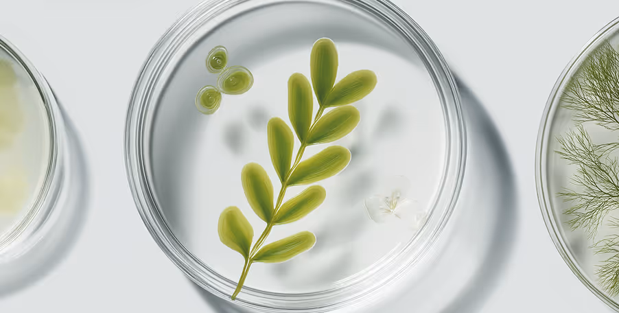 Green leaves and small plant specimens displayed in clear glass petri dishes on a white surface.