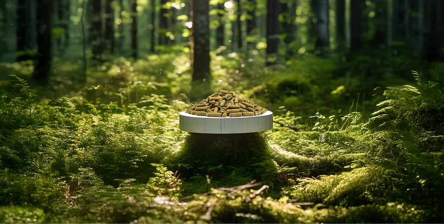 A round white platform with a pile of small wood pellets sits on a tree stump in a sunlit, lush green forest.