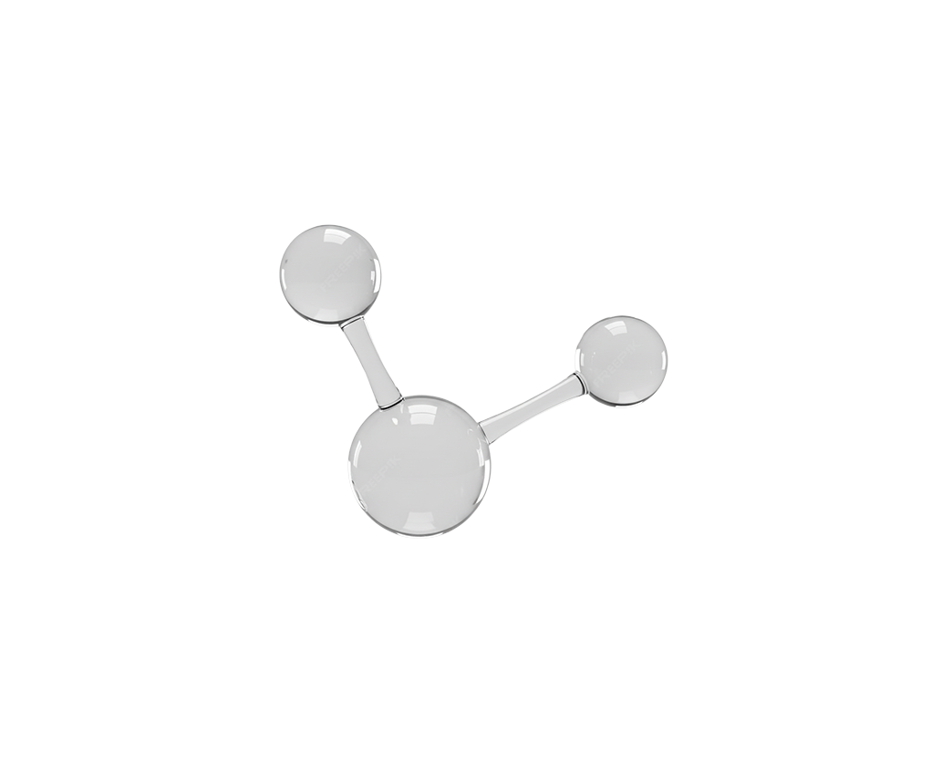 Transparent 3D molecular model with one large sphere connected to two smaller spheres.