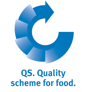 Blue circular arrow logo with text QS. Quality scheme for food.