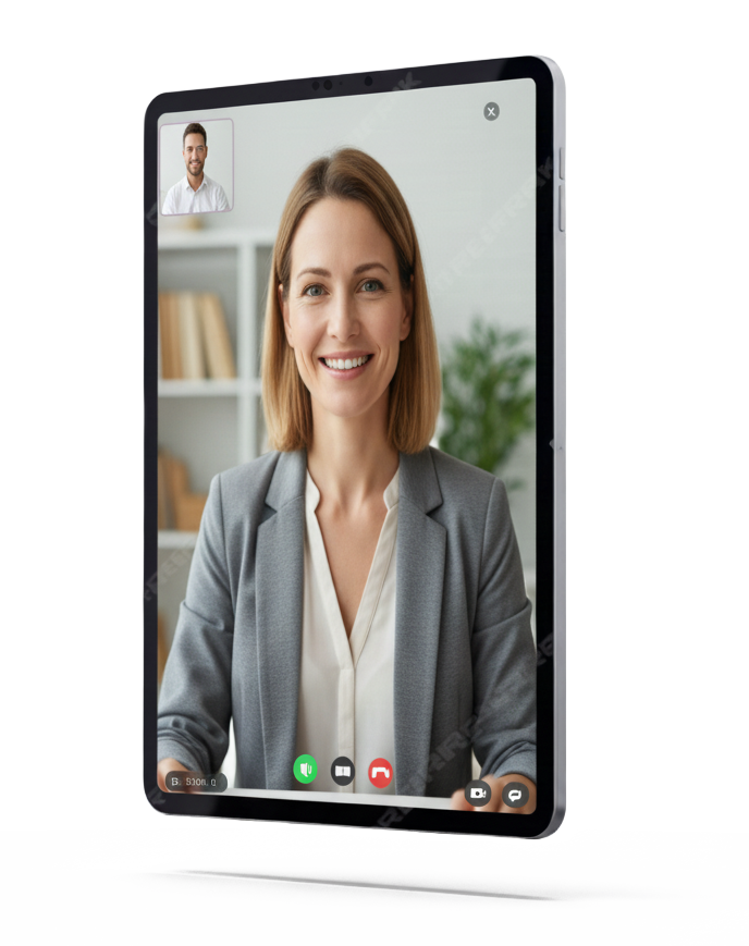 Tablet screen showing a video call between a smiling woman in a gray blazer and a man in a white shirt in a small inset window.